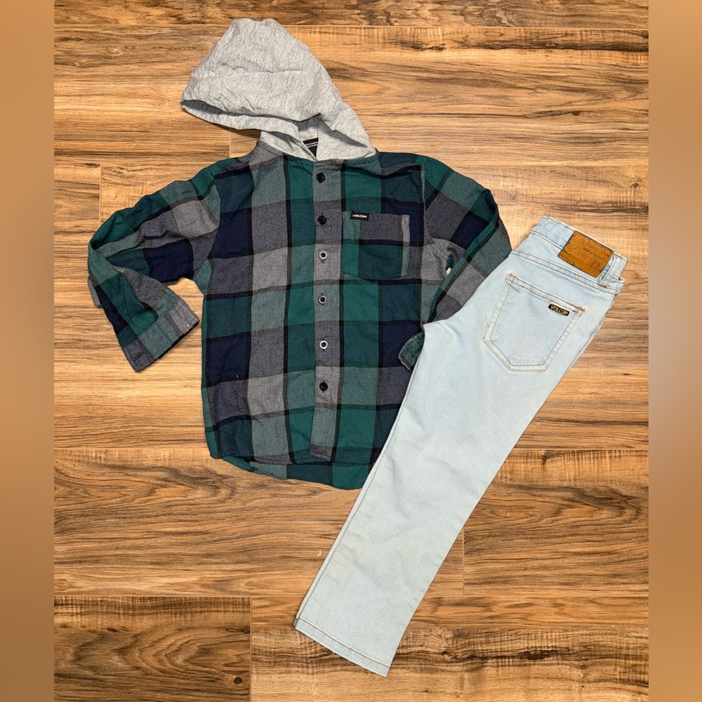 Volcom Kid’s Plaid Hooded Shirt and Light Wash Jeans Set